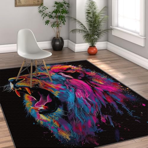 Tapis de salon abstrait lion noir 60x90cm design graffiti chic