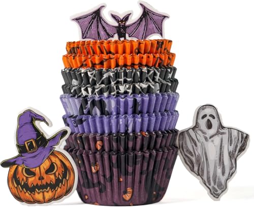 200 Pcs Halloween Cupcake Liners with 12 Pcs Cupcake Toppers, Standard Size Cupcake liners for baking, Halloween Baking Supplies and Decorations