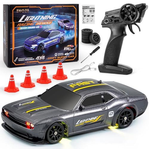 RC Drift Car, 1/43 Mini RC Drift Car with LED Lights,2.4GHz Full Proportional Remote Control Cars, 4WD High Speed Racing with Racing Tires, Can be Controlled with a Mobile Phone (8501-Silver Gray)