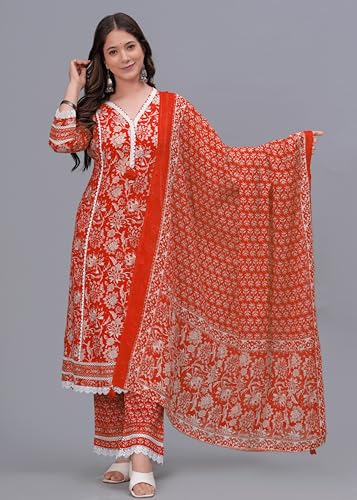 Image of Amayra Women's Pure Cotton Printed Straight Kurta Set with Palazzo Pants & Dupatta- Ethnic Wear