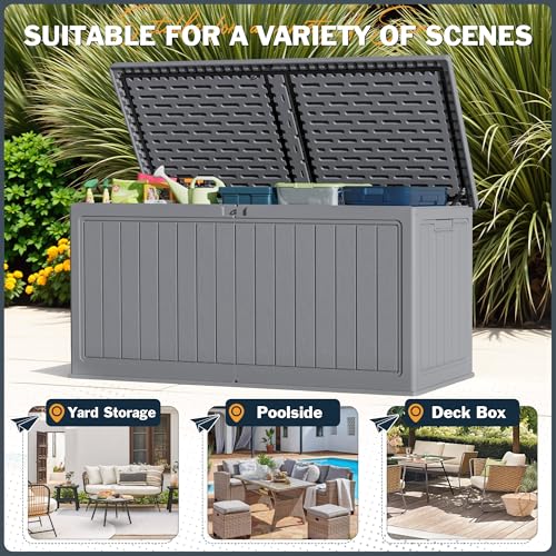 Image of Greesum 260 Gallon HDPE Outdoor Storage Box - Waterproof, Large Capacity Deck Box with Removable Dividers for Patio, Yard, Garden Tools, Light Grey
