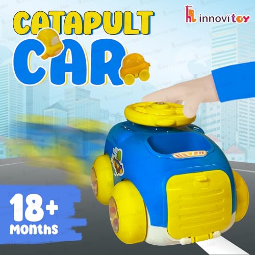 innovitoy Catapult Car Toys for Kids 2 Years | Push Friction Baby Car with Rattle Sound Wheel & Press Button Steering Wheel to Launch Two Mini Kids Cars | BPA-Free | Baby Gift Set-Made in India(Blue)