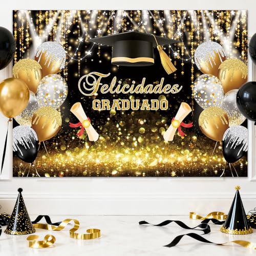 AIBIIN fondo graduación 7x5ft negro y dorado miniatura 6