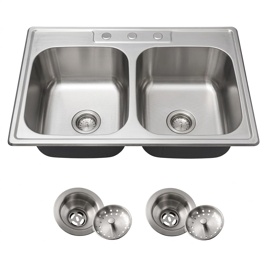 Kitsitchen 33x22-Inch Drop-in Stainless Steel 50/50 Double Bowl