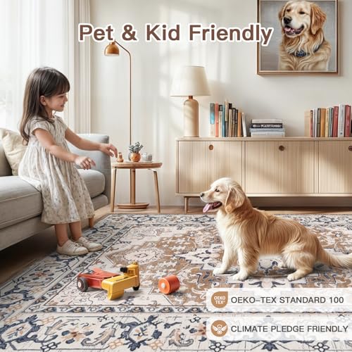 Lofus 4x6 Area Rugs for Living Room, Washable Area Rug, Rugs for Bedroom, Kitchen, Vintage Boho Carpet, Soft Non-Slip, Low Pile Large Area Rug for Office Dining Room, Floral Brown