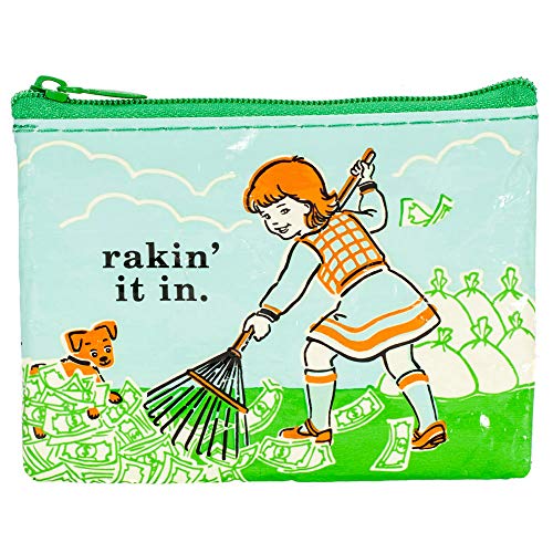 Blue Q Coin Purse, Rakin  It In. Made from 95% recycled material, the ultimate little zipper bag to corral money, ear buds, gift cards, stamps, vitamins, coins. 3 h x 4 w