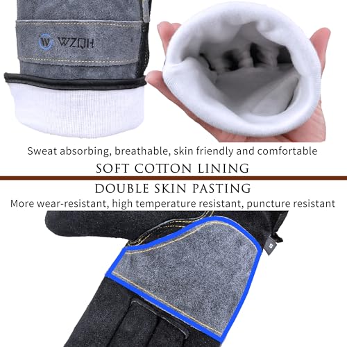 WZQH Leather Work Gloves for Men or Women. X-Large Glove for Gardening, Tig/Mig Welding, Construction, Chainsaw, Farm, Ranch, etc. Cowhide, Cotton Lined, Utility, Firm Grip, Durable. Grey-Black XL