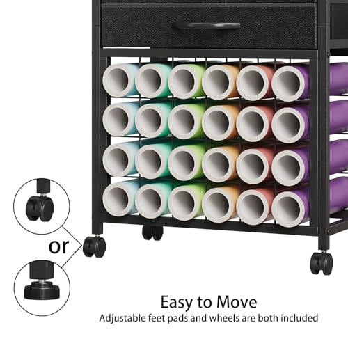 Image of VENNQD Organizer and Storage Stand Compatible with Cricut Machines, Rolling Storage Cart /Shelf with 24 Vinyl Roll Holders, 2 Fabric Drawer, Accessories Holder, Tool Hook for Craft Room Home (Black)