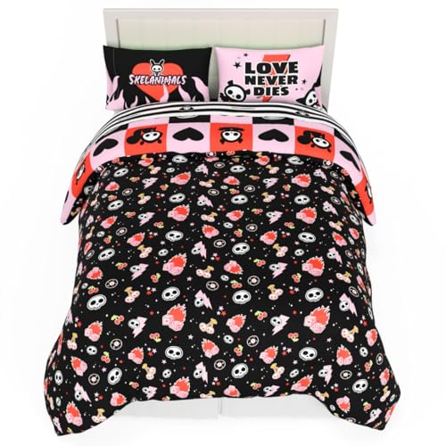 Image of Skelanimals Bedding 7 Piece Full Bed Set, Soft Checkered Comforter and Sheet Set with Sham, Kit The Cat, (Officially Licensed Product) by Franco Collectibles