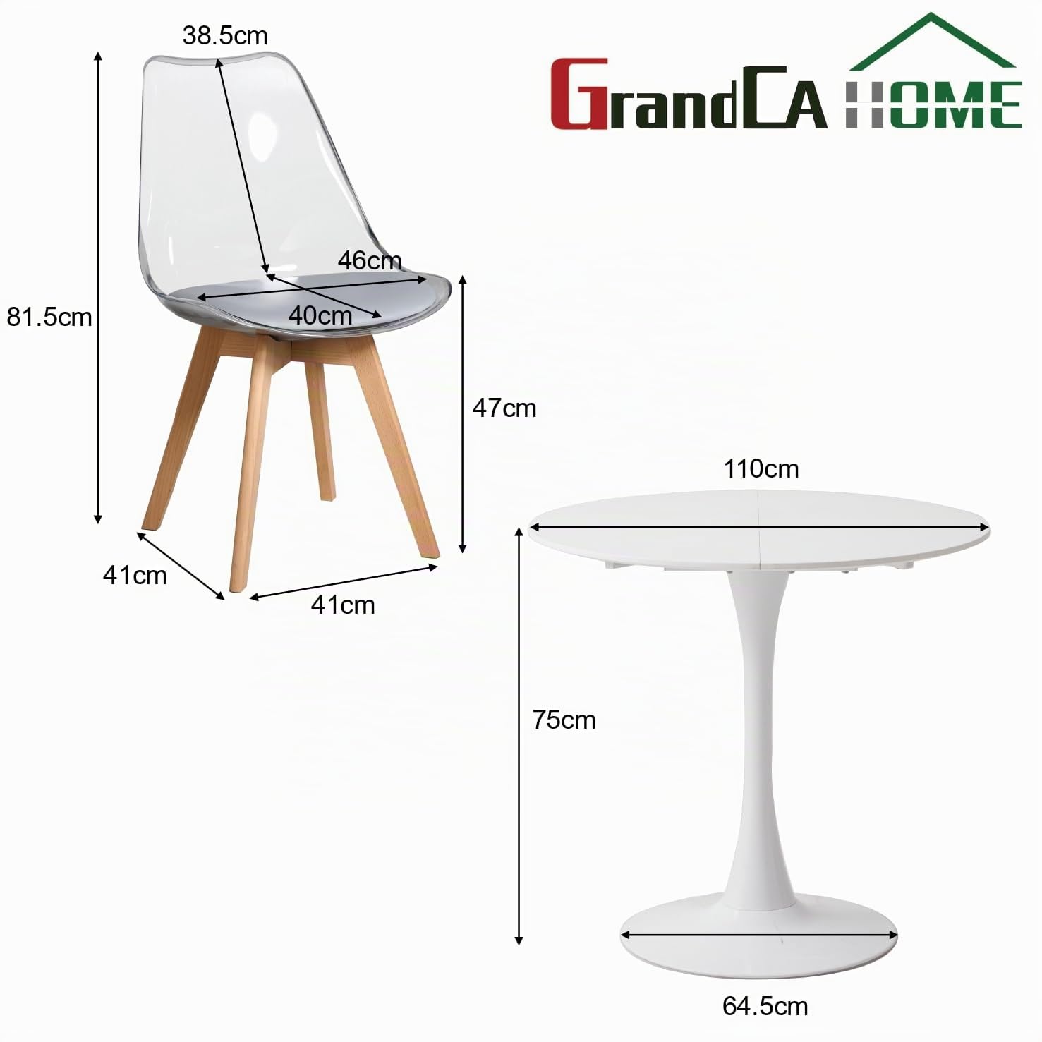GrandCA HOME Tavolo da Pranzo con 6 Sedie, Tavolo da Pranzo Rotondo Moderno Bianco da 110 CM, 6 Sedie da Cucina Trasparenti Tulip, per Cucina, Soggiorno (Grigio)