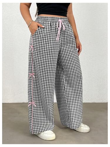 Verdusa Women's Plus Size Gingham Plaid Bow Pants Drawstring High Waisted Wide Leg Loose Trousers4