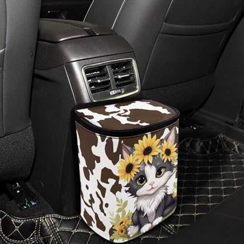 Image of Car Trash Can Cars Waste Basket with Lid Storage Pockets for Disposable Garbage Bag Multipurpose Collapsible Car Organizer, Cat Sunflower Cow Print
