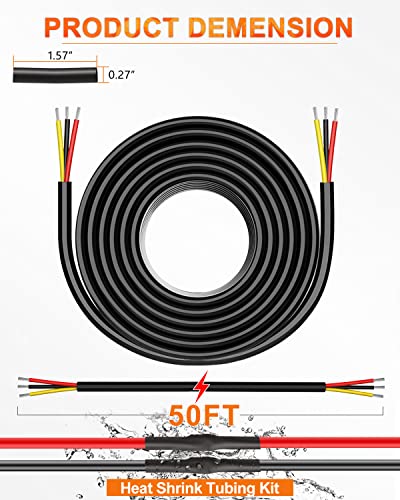NAOEVO 16 Gauge Wire 3 Conductor Electrical Wire, 16 AWG Stranded PVC Cord, 12V Low Voltage/Tinned Copper/Flexible Cable for Automotive Wiring, Lamp Cord, Marine Cable (50FT)
