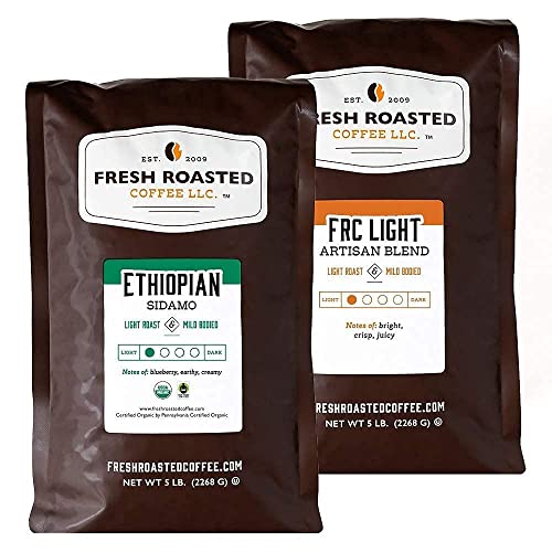 Fresh Roasted Coffee, Organic Ethiopian Sidamo/Frc Light Roast Blend, Bundle, Whole Bean, 5 Pound Bags #TOP21
