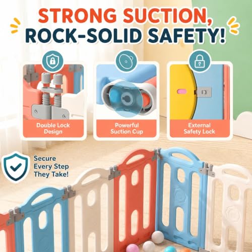 Image of Hukimoyo Large Baby Playpen 20 Panels /45 Sq Ft Play Area Indoor Setup with Mat ,balls | Play Yard for Babies 0-3 Years with Padded Boundary |Indoor Outdoor Toddler , infant fence Activity Center with Safety Door Lock & Suction Cups (6 * 7.5 FT)