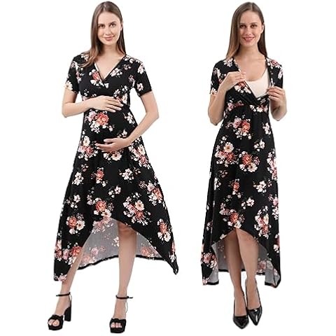 Alina Mae Maternity Dress Baby Shower Bodycon Short Sleeve Casual Daily Wear to Work Women (Medium (Size 6-8), Flow Style - Black Floral) Cover