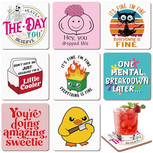 RimCereal 8 Pack Funny Sayings Cork Coasters Funny Employee Appreciation Gift for Coworkers 4 Inch Absorbent Square Cork Coasters for Bar Drinks Coffee Idea Office Stuff Thank You Gift