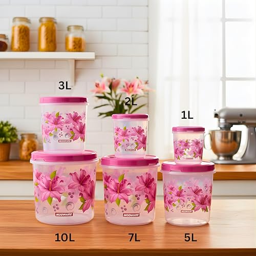 Image of MODWARE Plastic Grocery Container Set, BPA-Free, Airtight Snap Lock, Blue Floral Design, Round (Pink, 1L, 2L, 3L, 5L, 7L, 10L)
