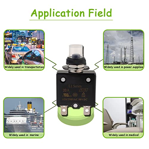 Eplzon 20A Manual Reset Push Button Circuit Breaker 125/250V Ac 50V Dc Thermal Overload Protector With Quick Connect Terminals And Waterproof Button Caps Assortment Kit(Pack Of 2 Pcs) #TOP4