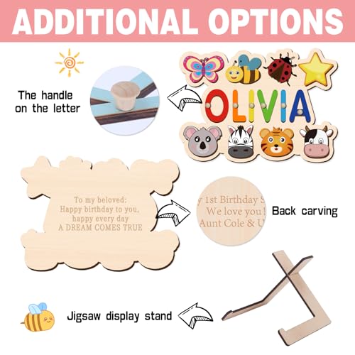 Name Puzzle for Kids Personalized, Custom Wooden Name Animal Puzzle, Montessori Learning Toys for Toddler 1-3, First Birthday Gifts for Girls&Boys