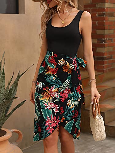 GORGLITTER Women's Tropical Print Knot Side Wrap Hem Dress Sleeveless Tie Scoop Neck Tank Dress3