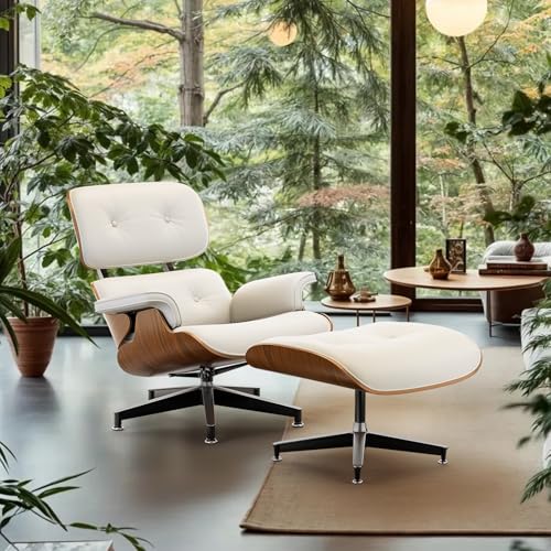 Image of Top White PU Leather, Mid Century Chaise Lounge Chair and Ottoman, Modern Chair Classic Design, Walnut Wood, Heavy Duty Base Support for Living Room Office