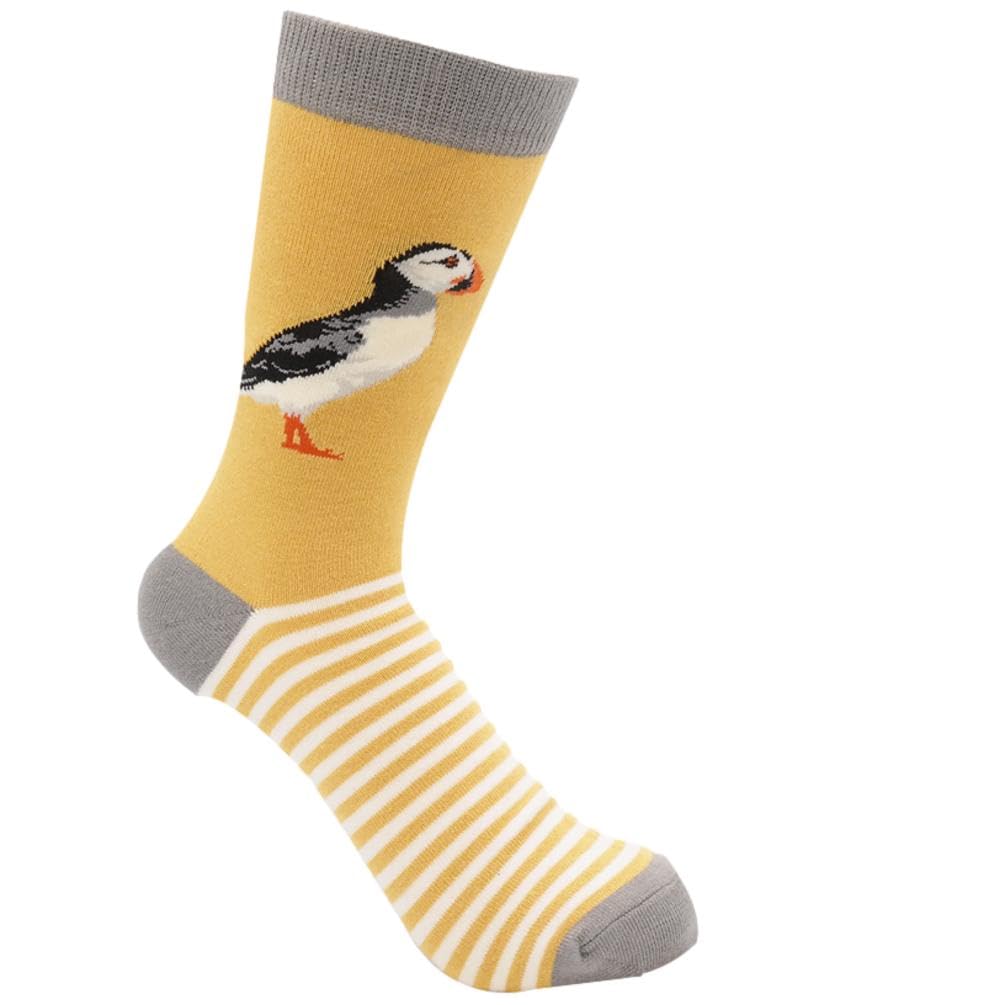 Purple Possum Women's Yellow Purple Possum® Puffin And White Ducks Striped Puffins Pattern Bamboo Cotton Blend Socks Size 3-7