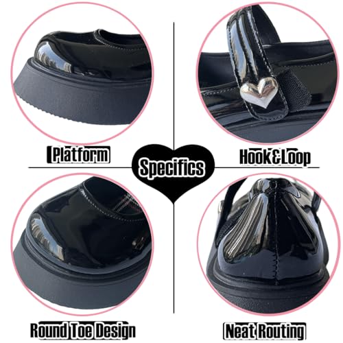 Y2K Gothic Kawaii Lolita Black Round Toe Chunky Heels Heart Shaped Decor Ankle Mary Jane Platform Shoes2