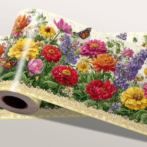 IOHEFY Garden Flower Wallpaper Border 196x4 Inch Removable Wall Border Peel and Stick Colorful Bloom Fence Design for Bedroom Bathroom Kitchen Living Room Wall Trim Decor Spring Summer Floral Style