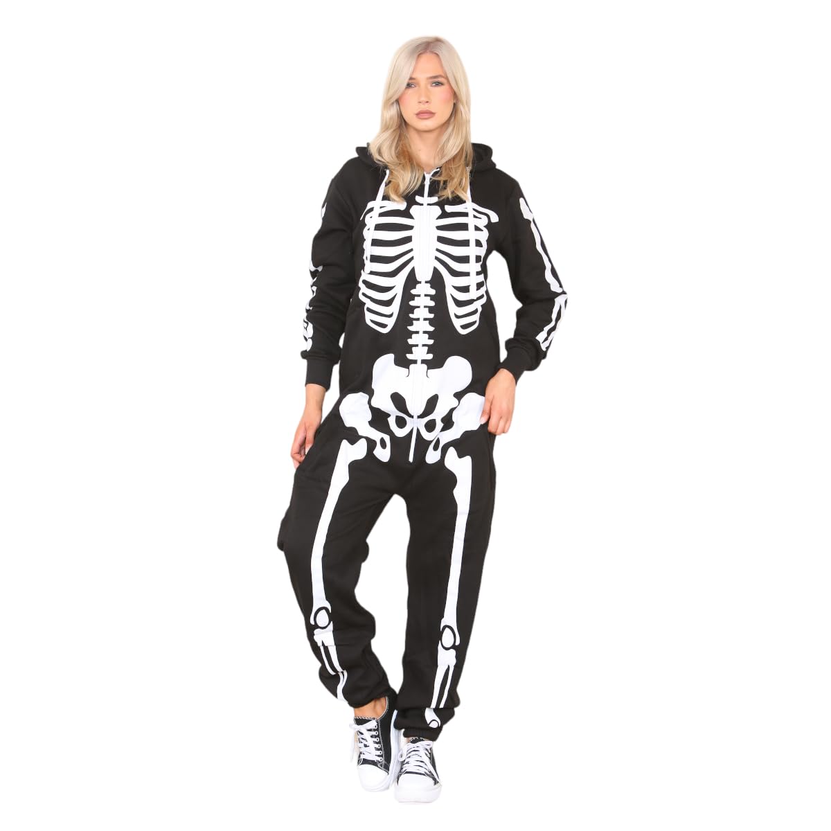 celebmodelook Womens Skeleton Jumpsuit Halloween Costume Ladies Hooded Scary Bones One Piece Suit Fancy Dress