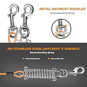   Dog-Tie-Out-Cable-Jhua-20ft-Tie-Out-Cable-for-Dogs-Stainless-Steel-Wire-Rope-with-Shock-Absorbing-Spring-Metal-Swivel-Hooks-Pet-Tie-Out-Cable-for-Large-Dogs-Up-to-110-lbs-Orange
