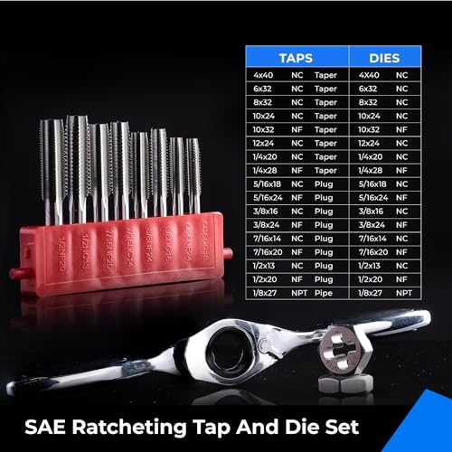 Image of toolant 41pcs SAE Ratcheting Tap and Die Set, Complete Tap, Die, and Handle Kit, Effort-saving Ratcheting Handle, Full Range of SAE Sizes from #4 to 1 /2 inch including UNC, UNF, and 1 /8 NPT, Plastic Case