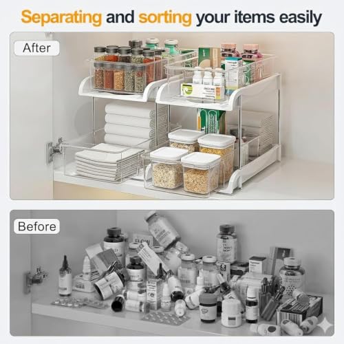 Image of Xmart India 2 Tier Under Sink Organizer, Pull Out Cabinet Storage Rack with Sliding Drawers & Hooks, Kitchen Cabinet Organizer, Bathroom Storage Shelf, Pantry & Laundry Organizer (2, Clear)