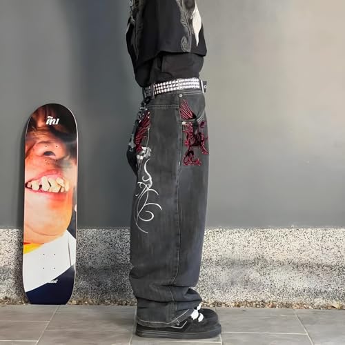 Men's Hip-Hop Dance Jeans Black Denim with Dragon Embroidery Studded Belt Wide Leg Style4