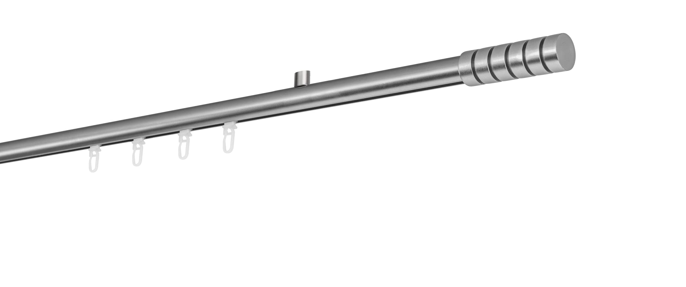 Gardinenstange auf Maß Innenlauf 20mm Rille 1-lauf Vorhangstange Deckenträger 1,5cm Stilgarnitur mit Gleiter für Vorhänge Edelstahl-Optik 210cm