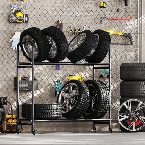 Image of Hershii Rolling Tire Storage Rack Adjustable - Black, Tire Storage Shelf for Garage 24.80-42.51'' x 15.35'' x 44.09''