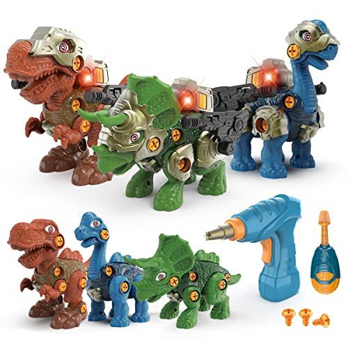 GILOBABY Desmontar Dinosaurios Juguetes, 3 Piezas Bricolaje Construccion Dino Juegos con Sonido, Taladro Eléctrico y Destornilladores, Juguete Educativo Regalo de Cumpleaños para Niños Niñas 3-8 Años