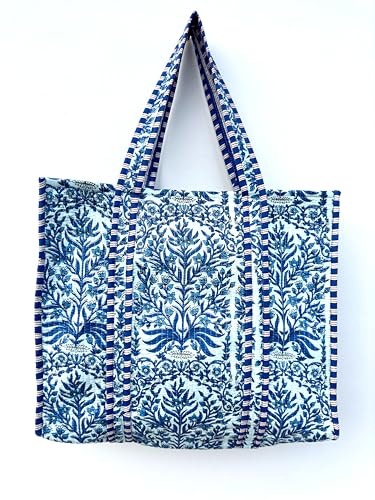 Image of Quilted Cotton Hand printed Reversible Large multicolor cotton Tote Bag,Indian Handmade Block Printed Tote Bag Women Handbag