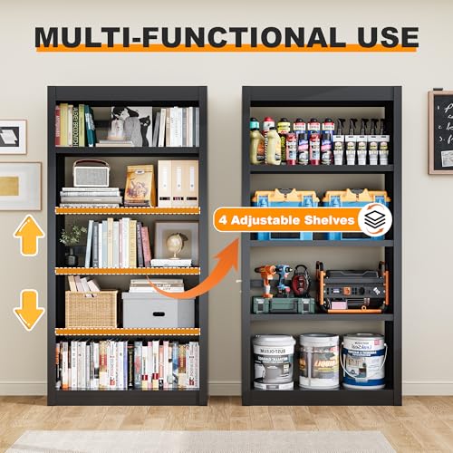 Image of 69 inch Tall Metal Bookshelf, 5-Tier Heavy Duty Bookcase Black | Adjustable Shelves, Open Display Storage, Anti-Tip Safety Design, Ideal for Living Room, Home Office & Garage