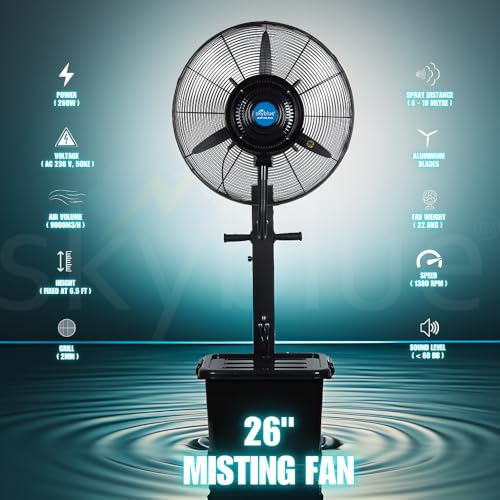 Image of skyblue 26 inch MIST FAN Cooler Water Mist Fan Commercial /Domestic Big Spray 5.75 ft (Cover Included)(Black)
