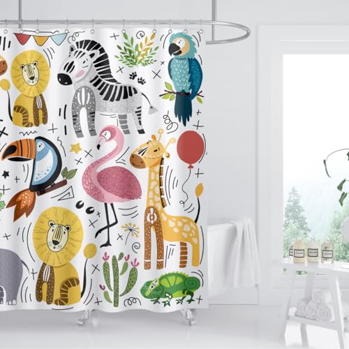 Image of Cute Animal Shower Curtain Wildlife Lion Zebra Elephant Chameleon Flamingo Giraffe Home Bathroom Decor Waterproof Fabric 72Lx72W Inch with Plastic 12PCS Hooks