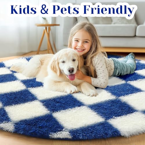 Image of KICMOR Round Rug 4ft for Bedroom, Soft Fluffy Circle Area Rug Cute Small Living Room Carpet, Blue and Cream White Fuzzy Shag Shaggy Checkered Circular Rug for Kids Room Nursery Home Decor Aesthetic