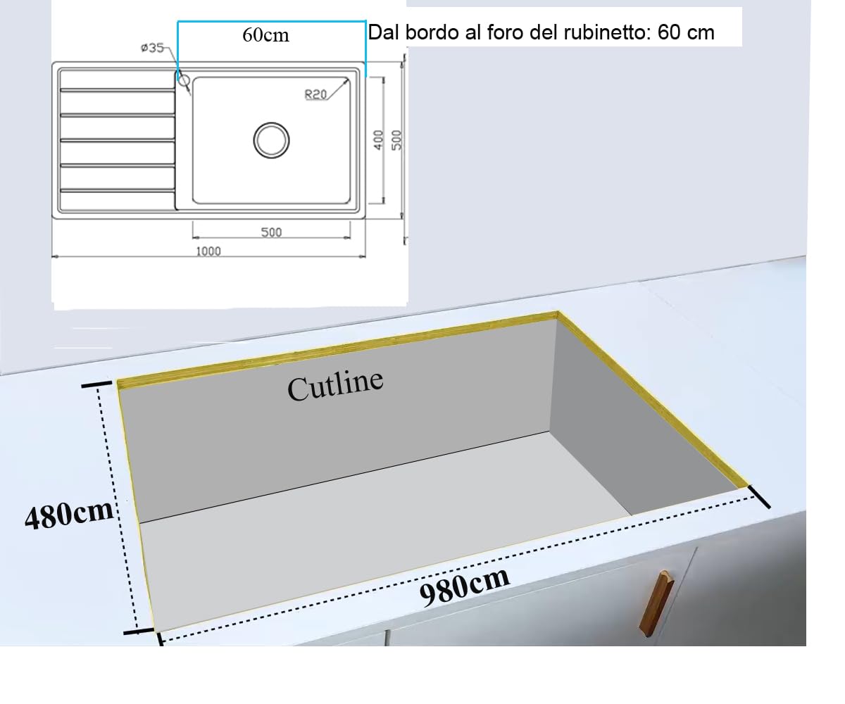 100x50x21, R20 Lavello da cucina, acciaio inox 304, spessore 0,8 mm, rettangolare, 1 vasca, Lavelli, sgocciolatoio a sinistra