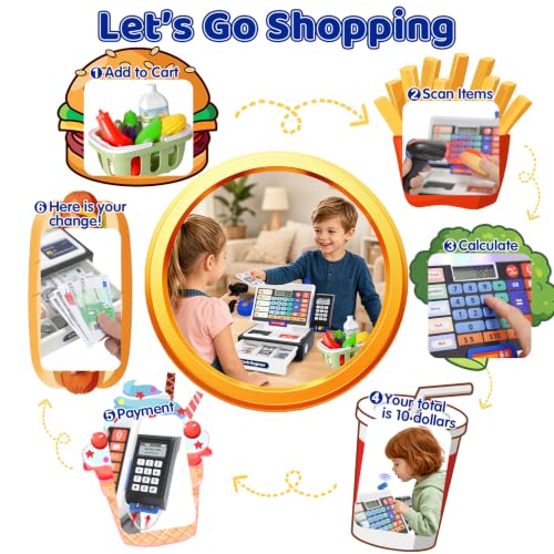 Image of LED Calculator Cash Register Toy - Pretend Play Set Kids Cash Register with Scanner, Microphone and Credit Card, Math Skills Toy for 3, 4, 5, 6 7 8+ Year Old Boy Girl