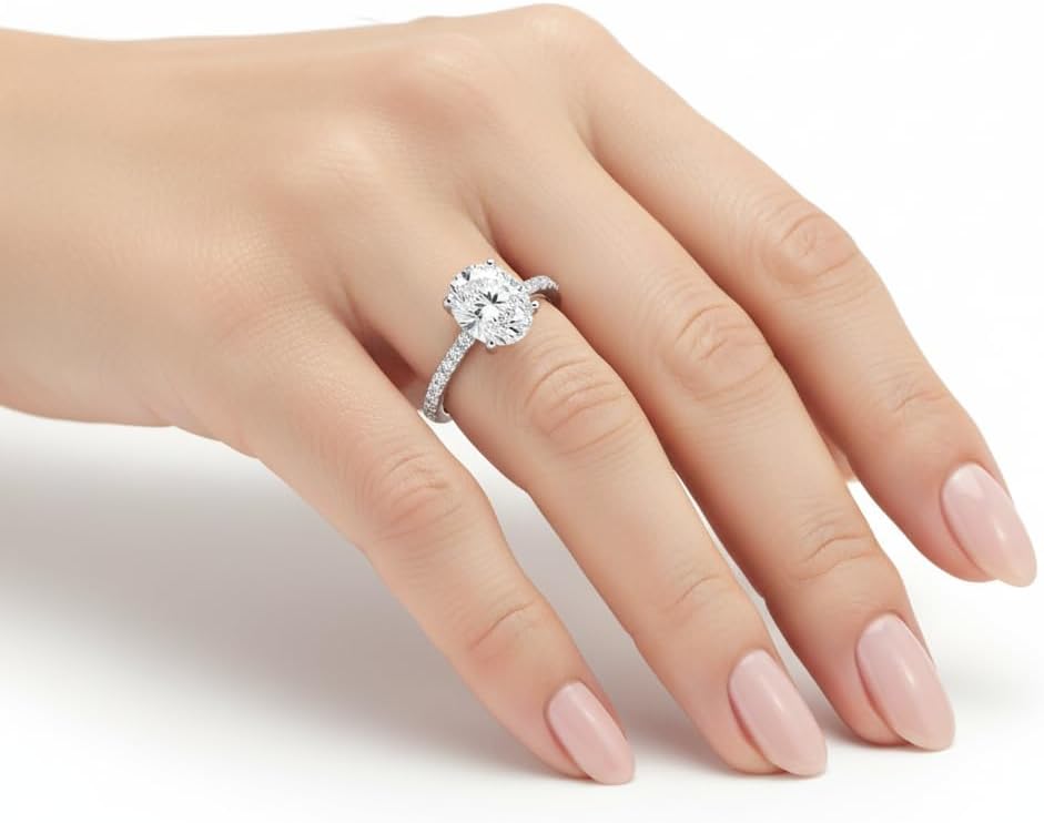 Moissanite Rings for Women 2 CT Oval Engagement Ring Side Stone 925 Sterling Silver Rings with 18k White Gold Plated