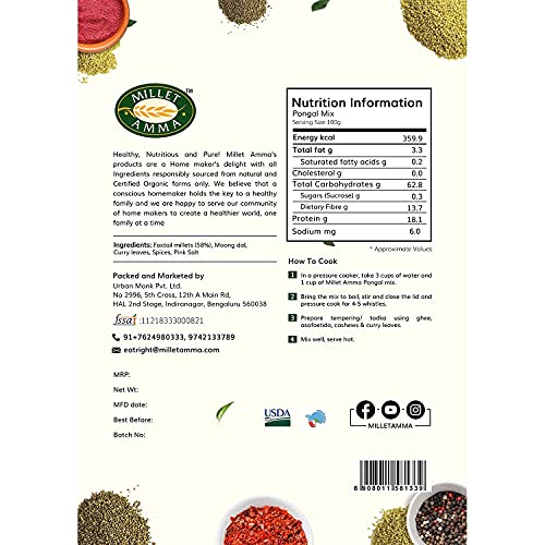 Image of Millet Amma CERTIFIED ORGANIC Millet Pongal Mix | 250 GMS Pack | 58% Millet Content | Easy & Ready to Cook | Instant Millet Breakfast Mix | Rich in Protein & High Fiber | 100% Vegan |