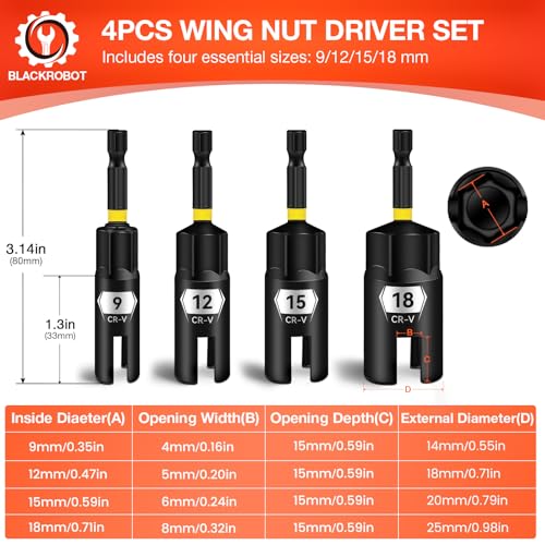 BLACKROBOT Wing Nut Driver Set 4PCS, Power Wing Nut Socket Bit with 1/4" Hex Shank, CR-V Steel, Color-Coded (9mm 12mm 15mm 18mm) for Wing Nut, Eye Bolt, Screw Hook, Wire Twisting — view 2