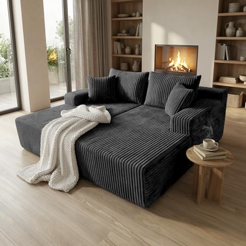 Image of Sytopia Loveseat Chaise Lounge with Armrests, Oversized Sofa Bed with 4 Pillows, Cozy Boneless Sleeper, Modular Sectional Couch for Living Room Bedroom, Floor Chair Furniture sala Corduroy