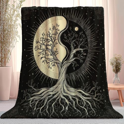 Manta de Franela cálida, Suave y cómoda Árbol Abstracto En Blanco Y Negro Manta de sofá Lavable con patrón, Manta para Dormitorio 200 x 220 cm, Negro
