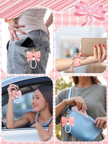 Image of Sureio Pink Bow Keychain Coquette Pearl Bowknot Keyring Bulk Wristlet Keychain Vintage Ribbon Purse Charm for Women Handbags